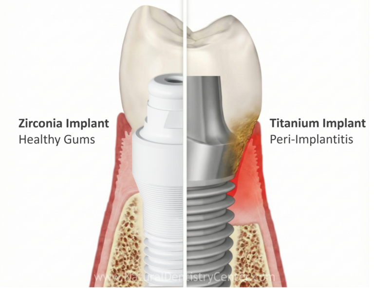 Zirconia vs Titanium Dental Implant comparison; metal impants higher inflammation